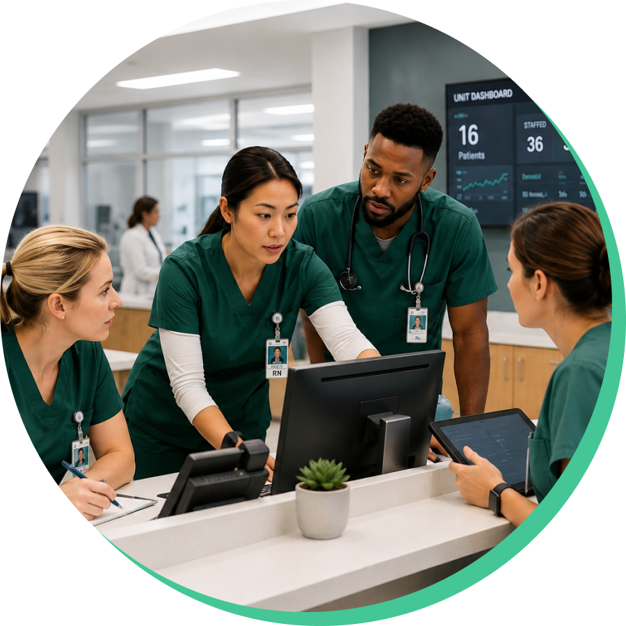 Hospital nurses collaborating at a nursing station