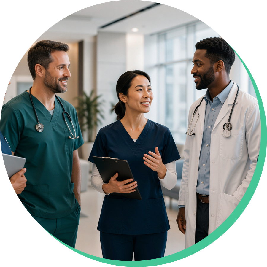 Three healthcare professionals collaborating in a clinical setting