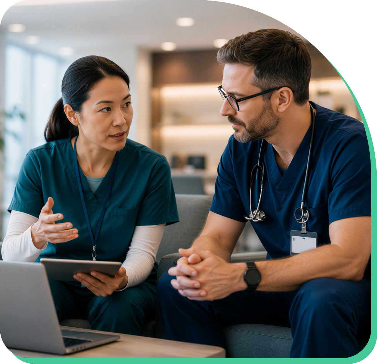 Two clinicians reviewing information on a tablet in a care setting